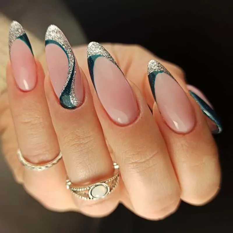 Metallic rose gold fashion almond mix color acrylic press on nails packaging vendor pressure glue full cover reusable fake nails