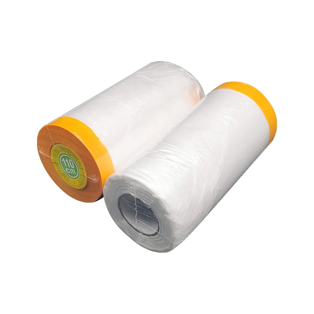 Pre-Taped Masking Film Pre-Folded Overspray Paintable Plastic Protective Sheeting for Auto Painting, Cover Walls Furniture