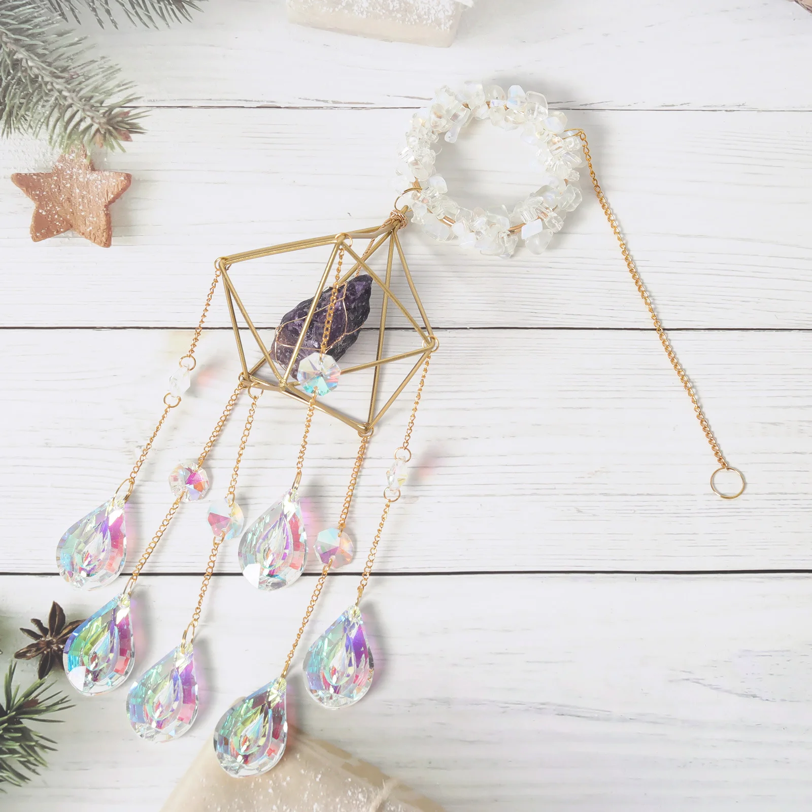 Crystal Wind Chime Moon Sun Catcher Hanging Rainbow Diamond Prisms Pendant