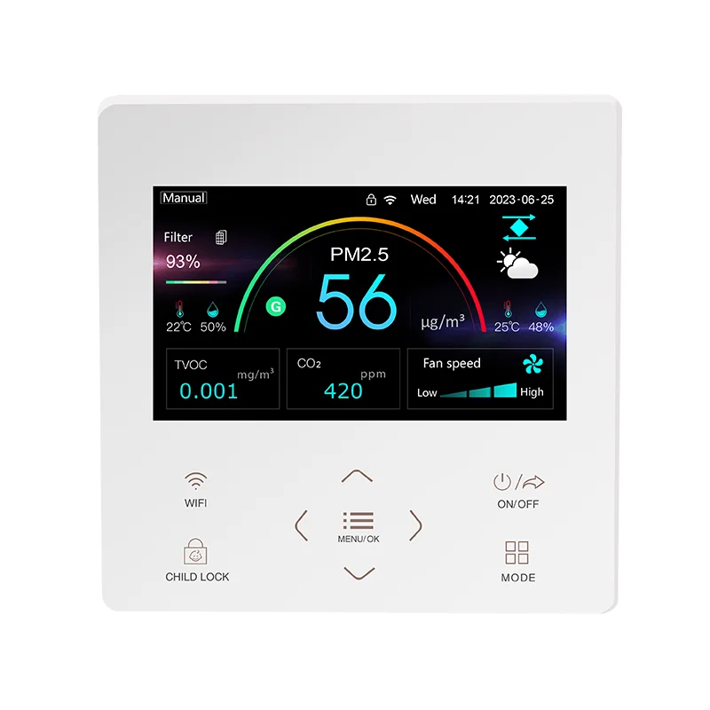 LCD color screen Wifi smart digital room VOC PM2.5 CO2 temperature and humidity fan controller