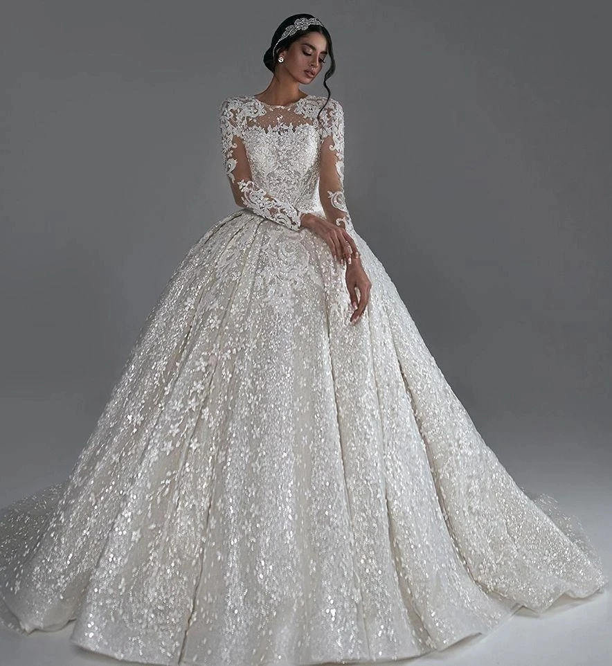 Luxury Ball Gown Wedding Dresses Long Sleeve Lace Appliqued Sparkly Beaded Sequin Bridal Gowns