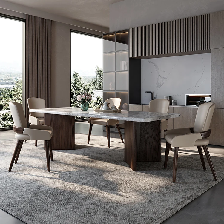 Minimalist Rectangle Marble Top Dinning Table And Backrest Chair Set Wood Dining Table Sets 6 Chairs
