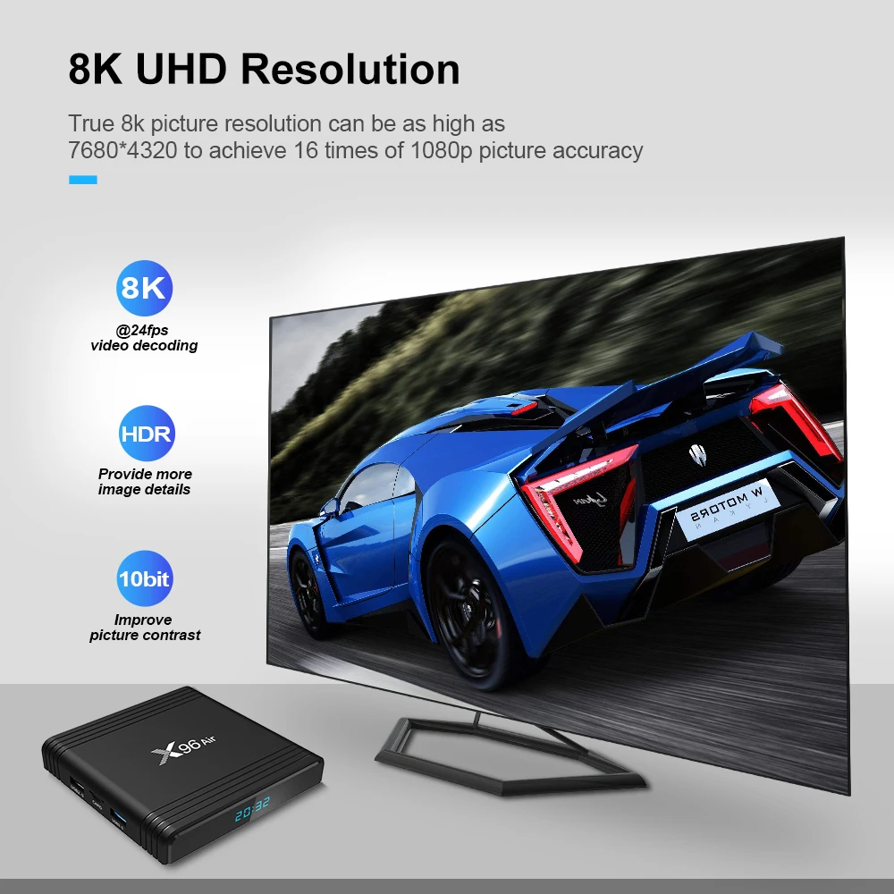 ACEMAX 8K SMART TV BOX X96 AIR Amlogic S905X3 Android 9.0 4GB RAM 64GB ROM Quad Core Dual WiFi 2.4G/5G BT 5.0 USB 3.0 PORT