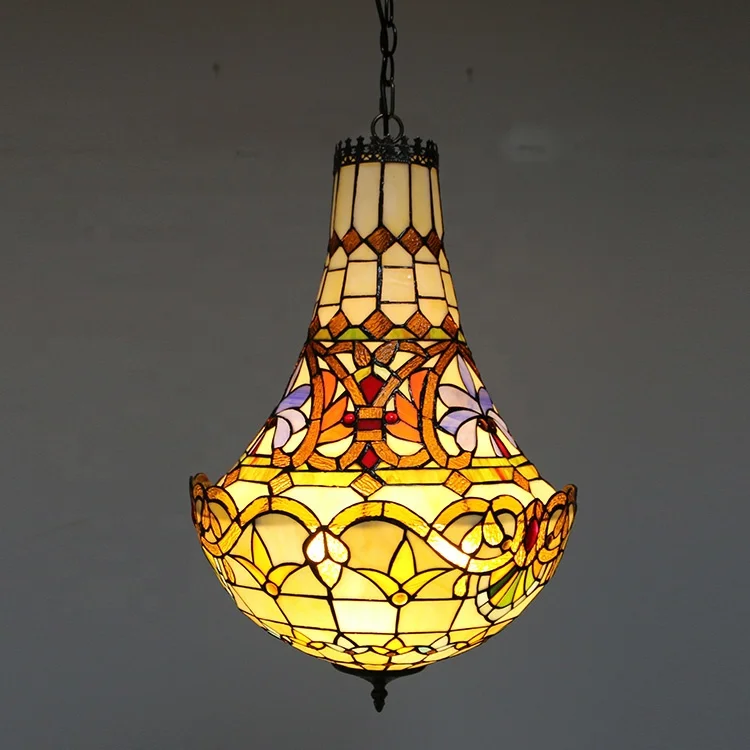 LongHuiJing 16Inch Baroque Tiffany Chandelier Ceiling Light Colored Stained Glass Lampshade Pendant Lamp For Restaurant