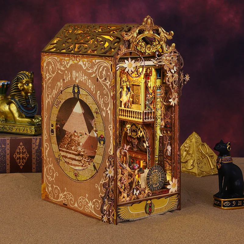 New High Quality 3d Wooden Puzzle Bookend Ancient Egyptian City Miniature House Book Nook Diy Bookstore Shelf Insert