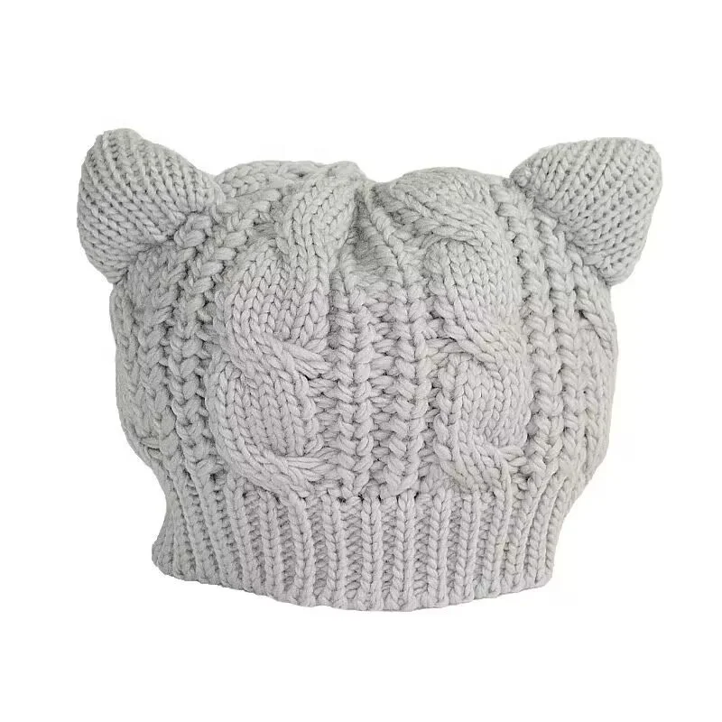 Cat Ear Beanie Hats Cute Cat Knitted Hat Winter Knit Cable Hat for Women Girls