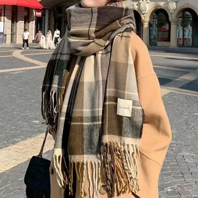 Модный толстый теплый зимний шарф с принтом Женский клетчатый платок Дамский бахромой вязаное мужское одеяло