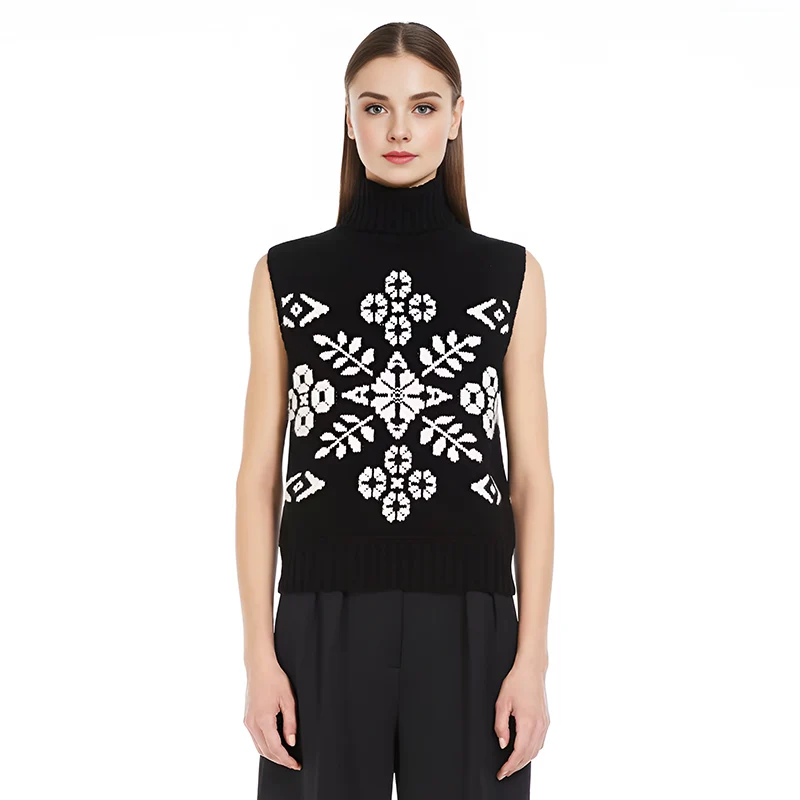 ODM & OEM Women Turtle Neck Jacquard Pattern 7GG Vest Sleeveless Sweater With 50% Wool 50% Acrylic Sweater Vests for Women