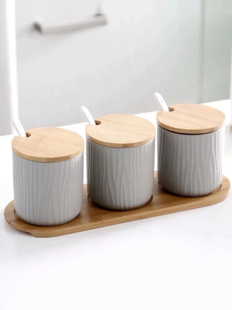 Water Ripple Porcelain Condiment Jar Spice Container With Small Spoon Ceramic Kitchenware 3pcs Spice Jar set with Bamboo Tray