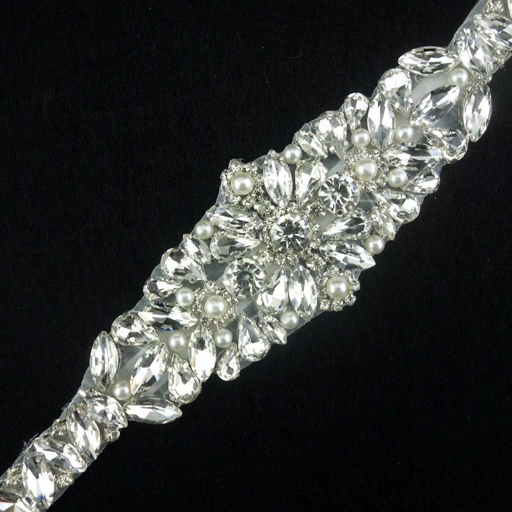 extra long stunning silver  rhinestone and pearl trim crystal bridal wedding belt