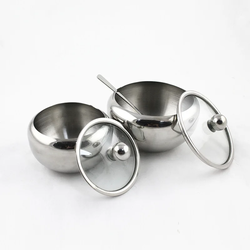 Home and Kitchen Drum Shape Stainless Steel Sugar Bowl with Lid and Spoon Sugar Bowl
