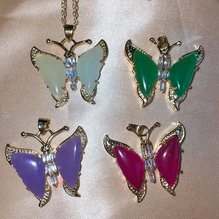 Jialin 2021ins natural 4colors purple jade stone middle butterfly pendant for women girls necklace
