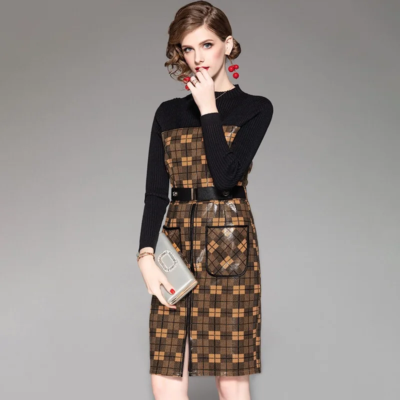 
Ladies Mujer Vestidos Custom Women Faux Leopard Print Leather Office Dress 