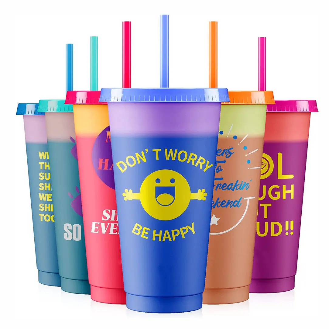 Bpa Free custom 16 24 oz colored Plastic coffee magic tumbler reusable cold water color changing cup with lids and straws