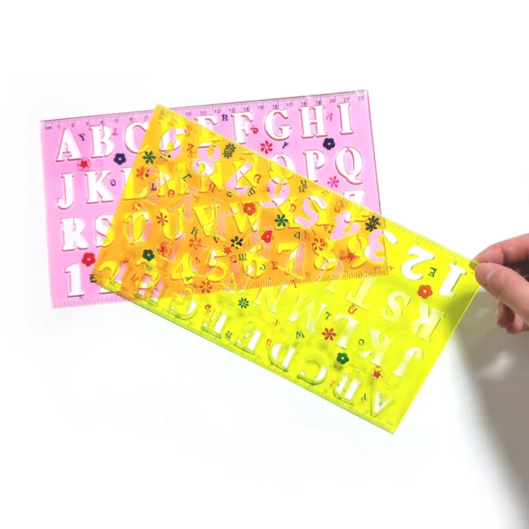 Wholesale Clear Colorful Letter Alphabet Stencil Trace Ruler 2 Pieces Plastic Ruler Set for Kids
