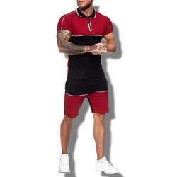 Hellosport Summer Plus Size Streetwear Patchwork Short Joggers Tracksuit Suits Two Piece Shirt And Shorts Sets For Men