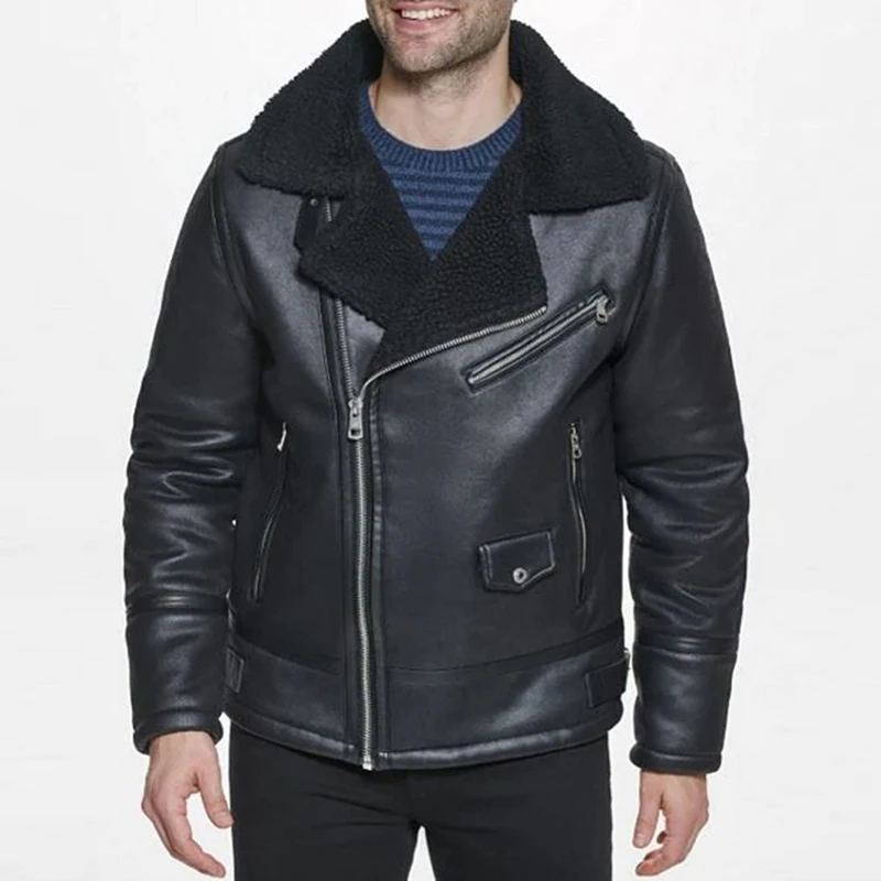 wholesale factory price sale Men Double-Faced Faux-Shearling Jacket coat Zippered front Square hem Diamond-quilted lining warm