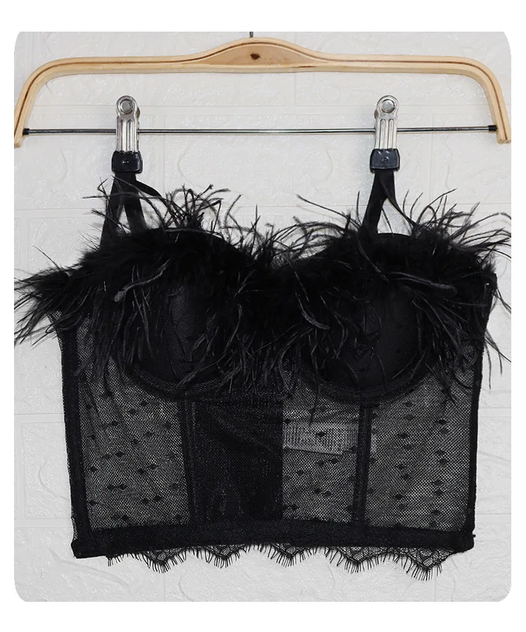 Vintage Fashion Club Women Ladies Summer Ostrich Sexy Feather Fur Top Feather Corsets Party Ostrich Feather Vest Crop Tops