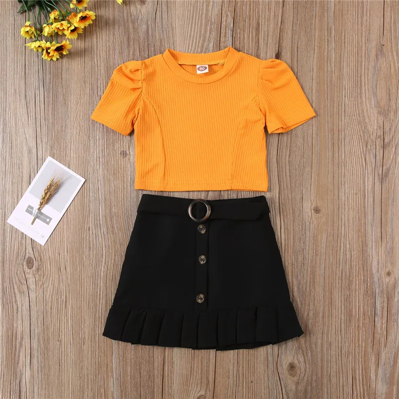 
New Summer Baby Girls Clothes Yellow Short Sleeve T-shirts Tops Buton Ruffle Belt Mini Skirts 2Pcs Children Holiday Party Outfit 
