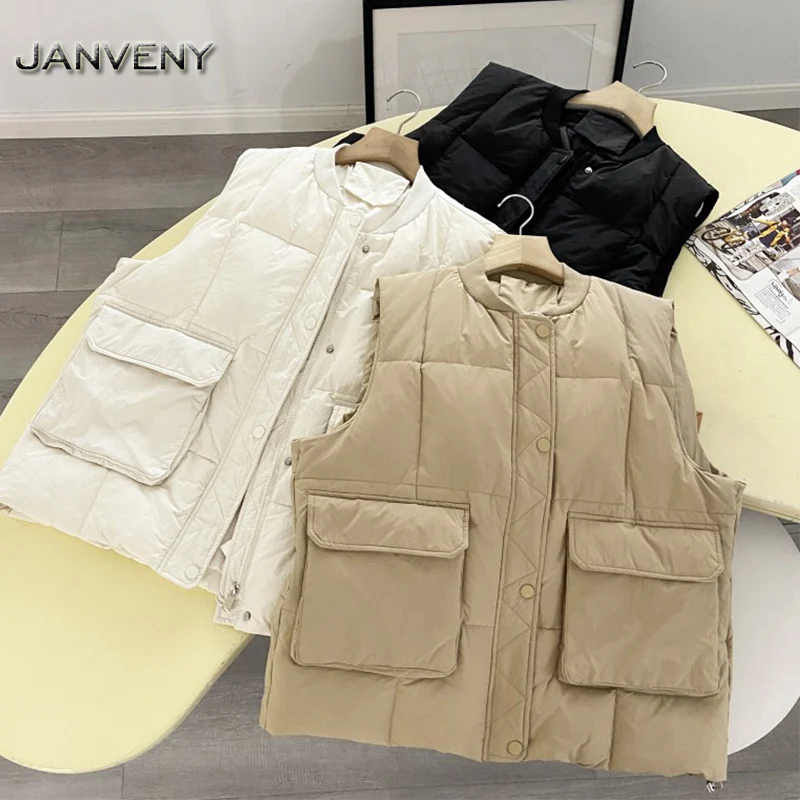 JANVENY 2022 New Winter V-neck Single Breasted Down Vest Women Elegant Wide Shoulder Pockets Stand Collar Loose Puffer Waistcoat