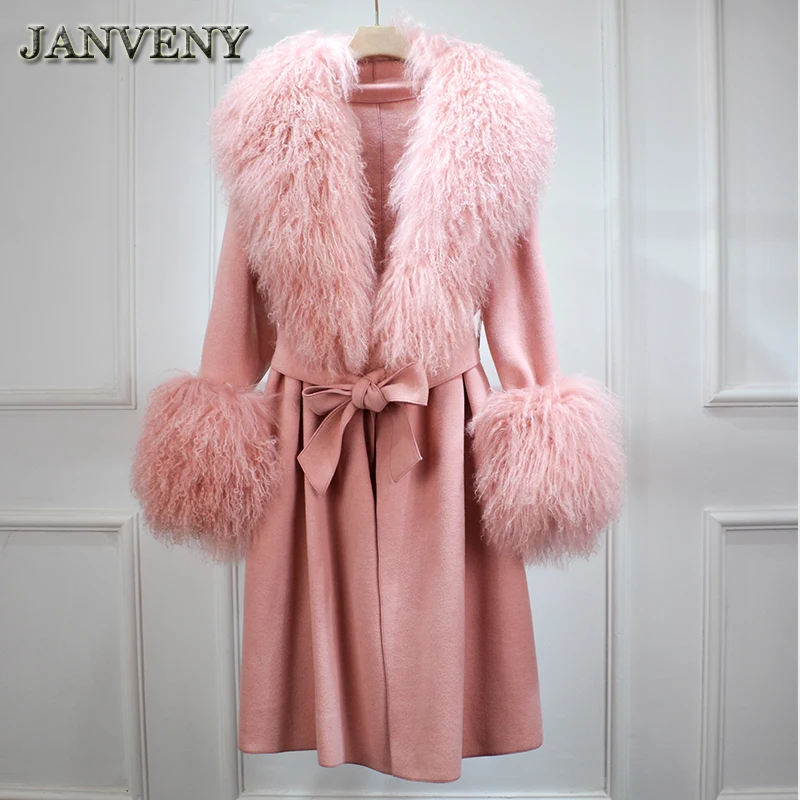 Женская кашемировая куртка с манжетами JANVENY зимняя 100% из натурального монгольского меха овечьей шерсти поясом на 2024