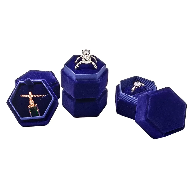 Recyclable High End Hexagon Rigid Gift Packaging Custom Velvet Engagement Ring Box For Valentines Day