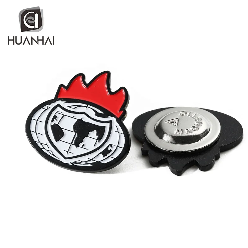 custom black metal fire logo soft enamel magnetic badge pin