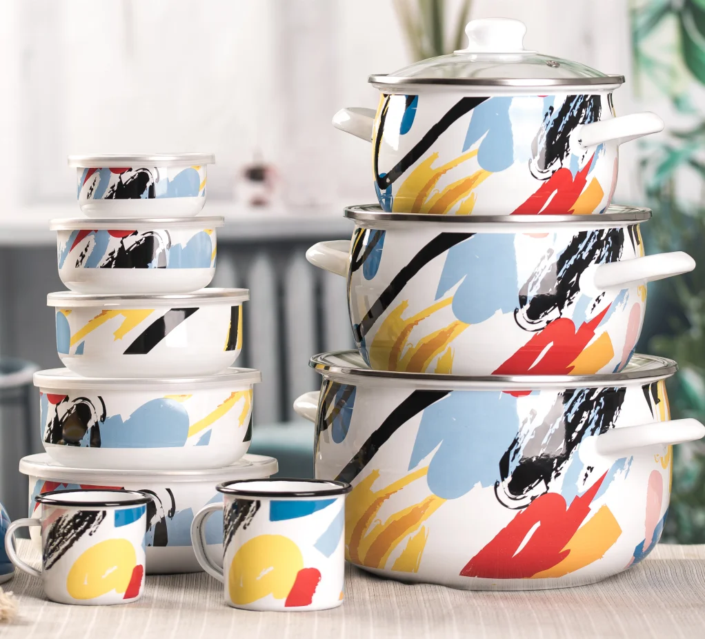 WUJO Enamelware Wholesale Customized Kitchen Set Enamel Cookware Casserole Pot Cups Mug