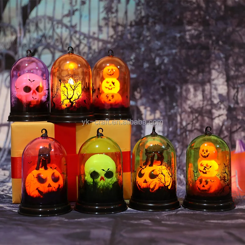 Wholesale Halloween Bell Jar Lamp Decoration Scary Halloween Bell Jar With Led Lights Pumpkin Skull Cat Candle Lantern