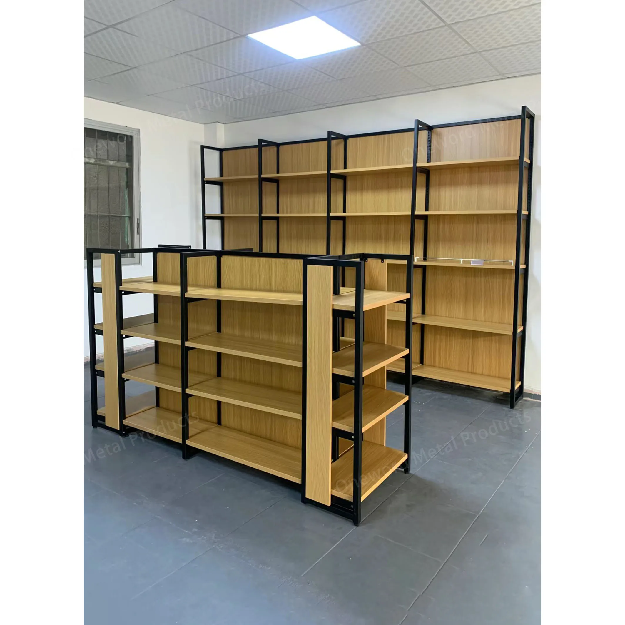 Customized Double Sided Cheap Wooden Supermarket Shelf Metal Rack Display Shelves For Convenience Store