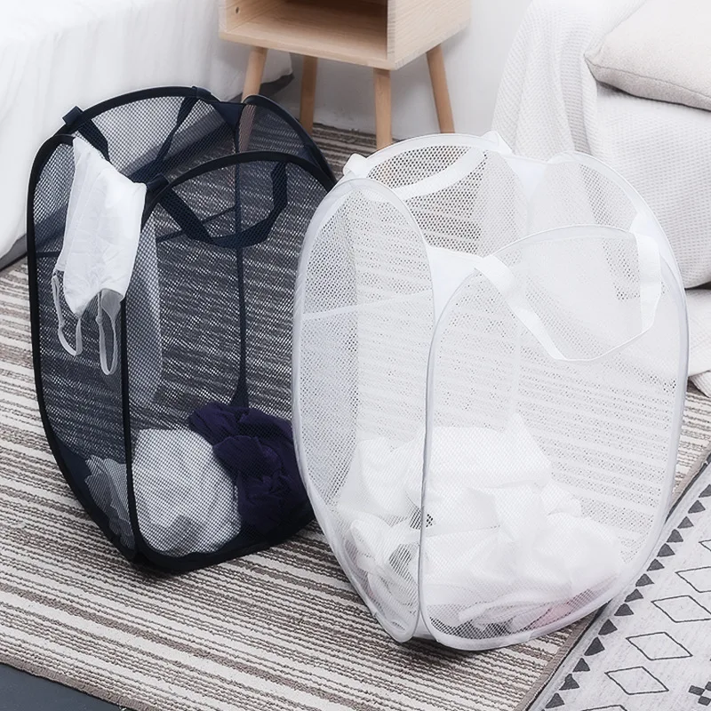 Modern washable folding collapsible mesh hanging laundry dirty clothes storage basket hamper bag with handle