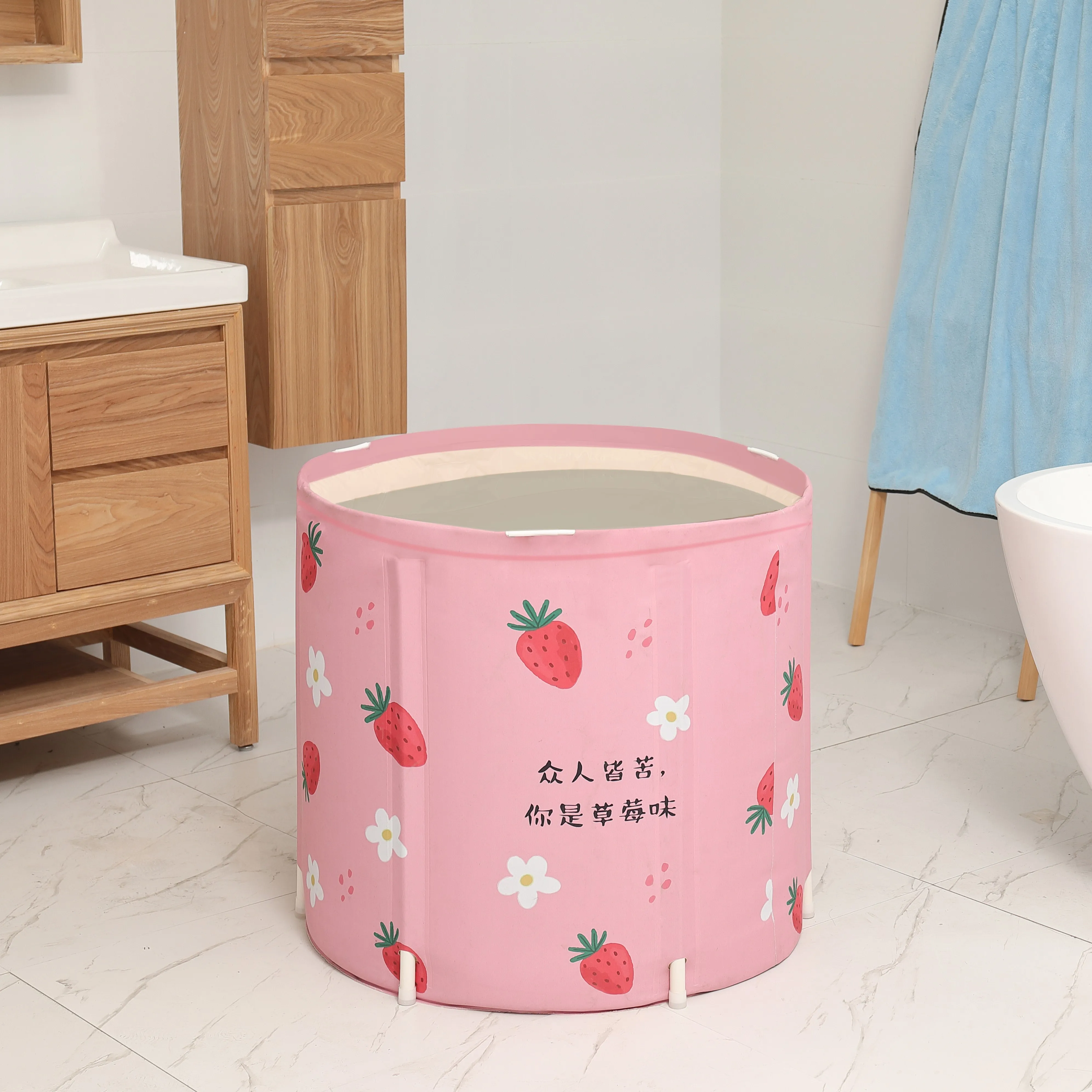 Polyester peach skin bathroom girl SPA free standing movable bath tubs bucket portable folding freestanding bathtub for adult