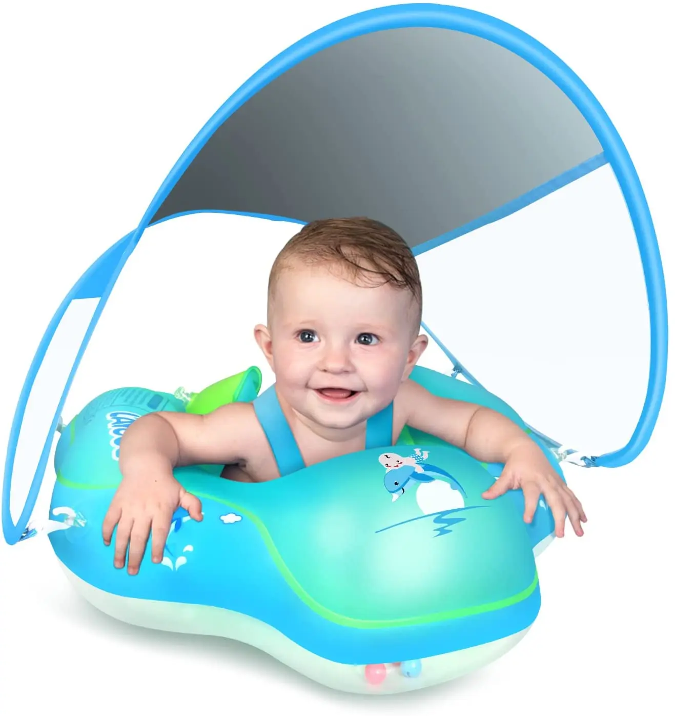 Baby swimming float with awning UPF50+  swimming pool baby float with tail never flip