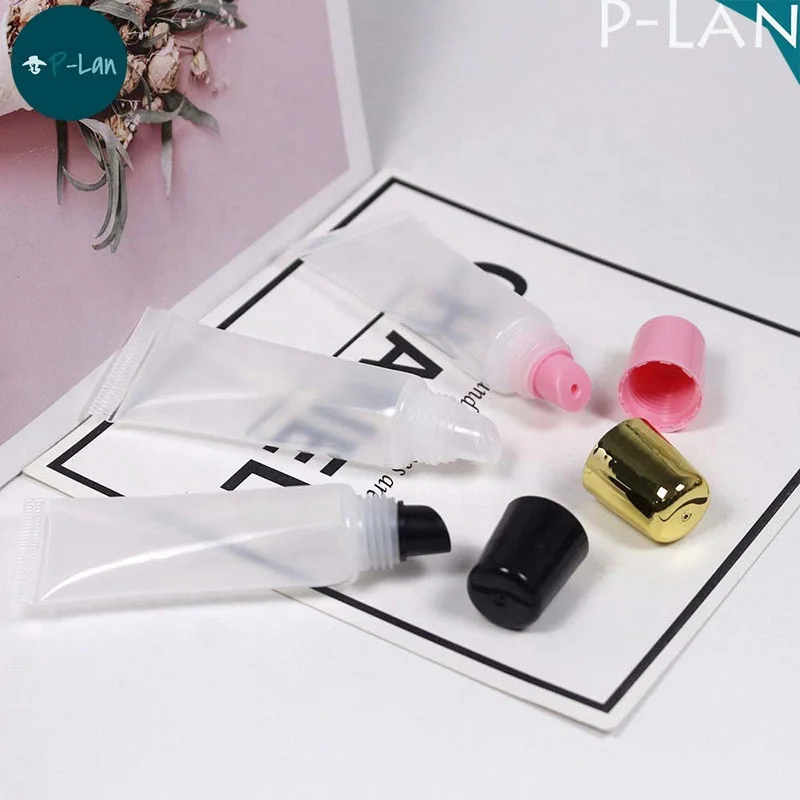 P-Lan Brand MOQ 100pieces Clear White Pink Black Silver Rose Gold Top Clear Squeeze Tubes 15ml 10ml Lip Gloss Squeeze Tube