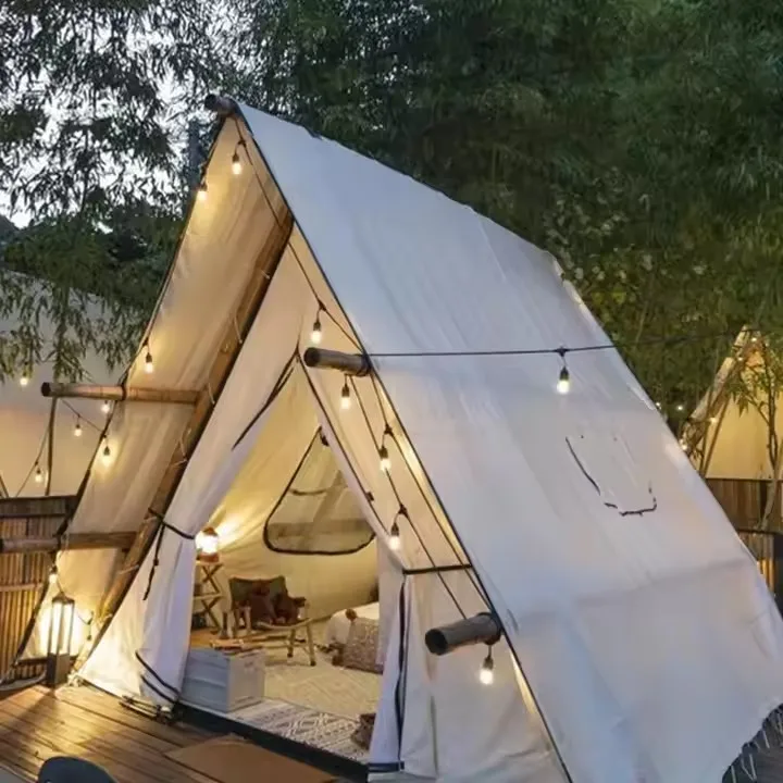 Home Luxury Canvas Glamping Wooden Style waterproof canvas tarpaulin luxury glamping outdoor living safari tent With Bathroom