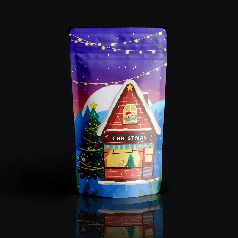 Custom Sweet Gift Packaging Plastic Stand Up Zipper Pouch Unique Merry Christmas Candy Bag With Clear Front Window