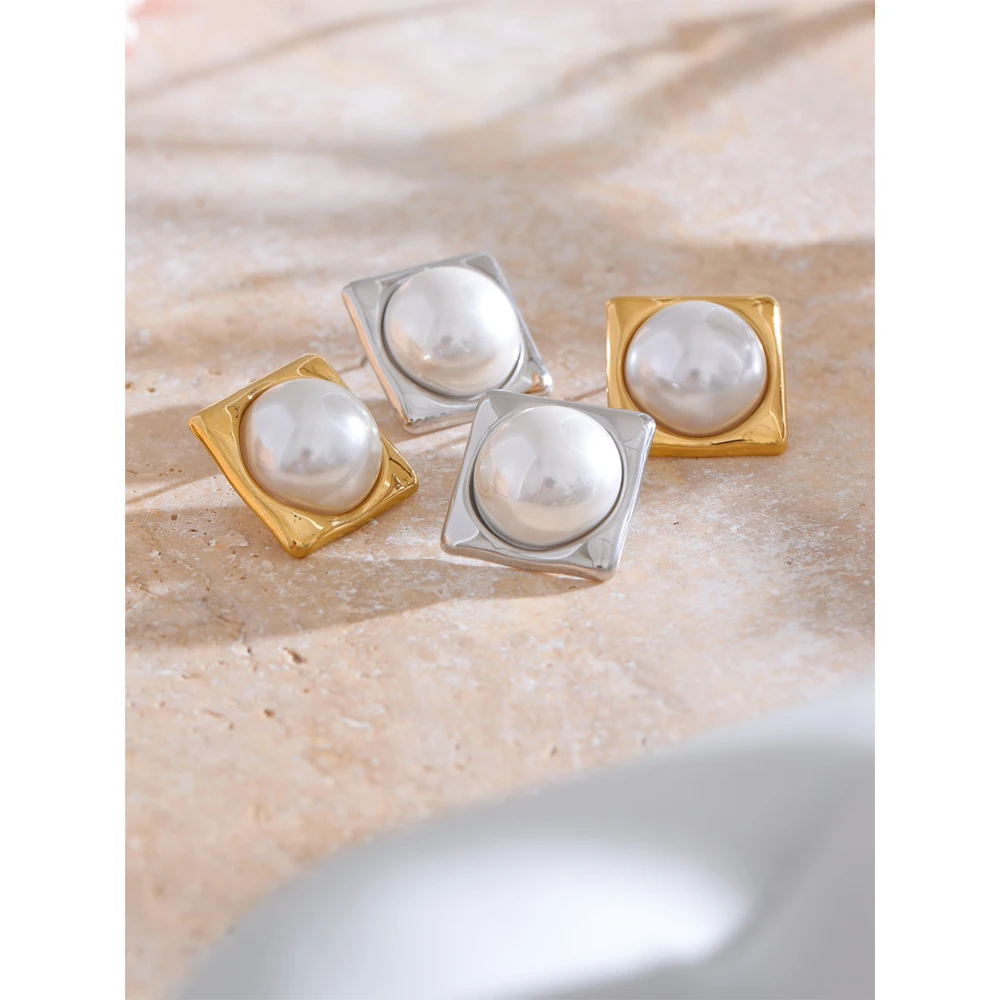 JINYOU 4381 Fashion High-grade Simulated Pearls Ear Studs Trendy Stainless Steel Square Stud Earrings for Women Accessories Gift