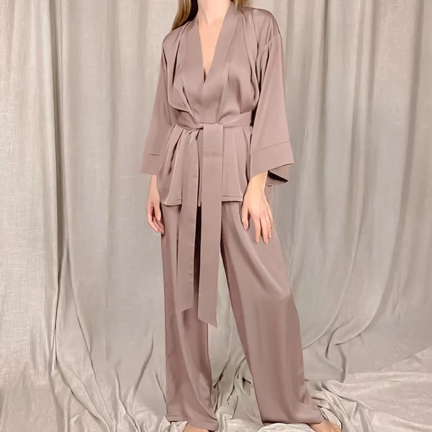 Spring/Summer 2022 Satin satin T-shirt lace-up nightgown Pajama Pants Solid color home set loose ladies nightwear