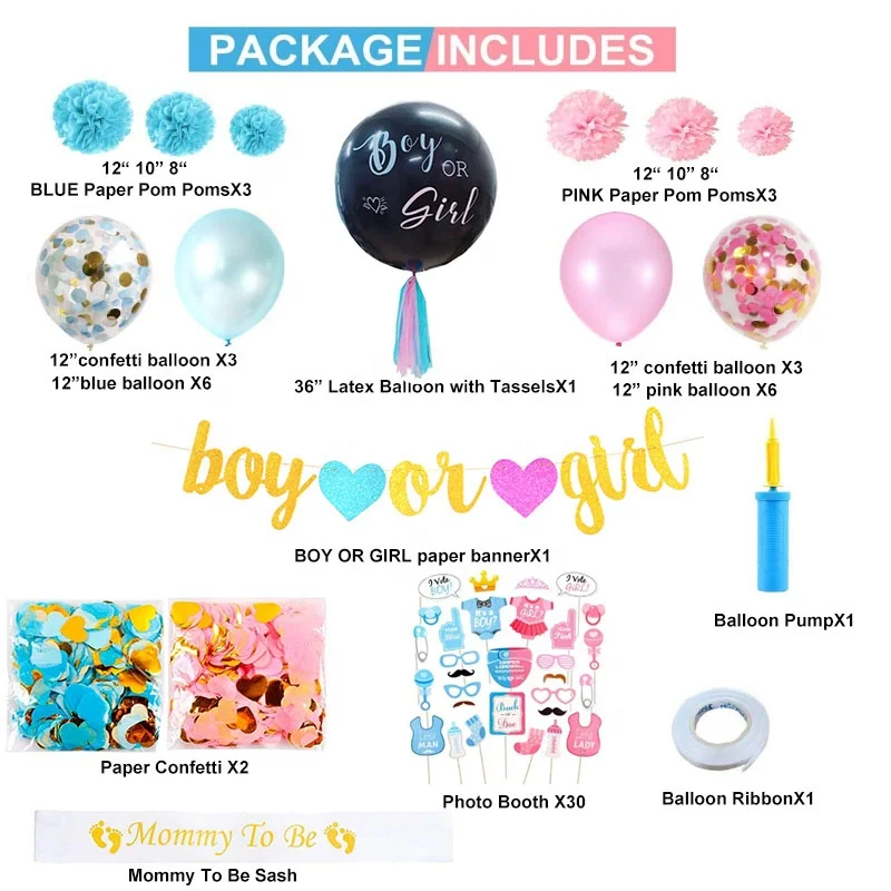 Baby Gender Reveal Party Supplies Kit Baby Shower Decorations 36 Inch Black Balloon pink Blue Confetti Boy or Girl Banner