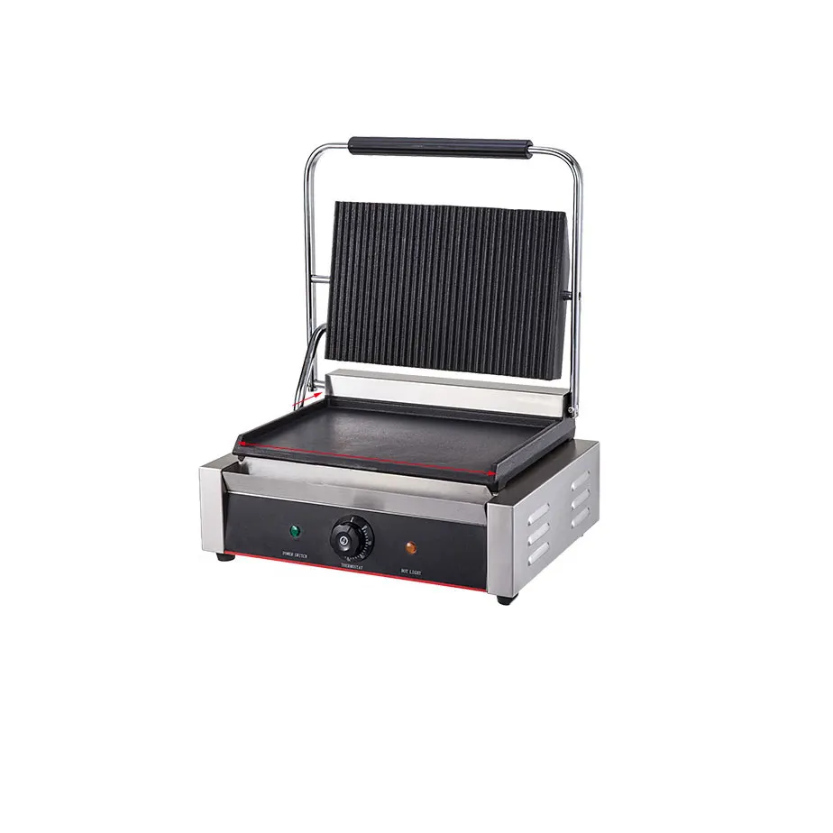 Single Plate Grooved Panini Sandwich Grill Commercial Electric Non-stick BBQ Contact Grill