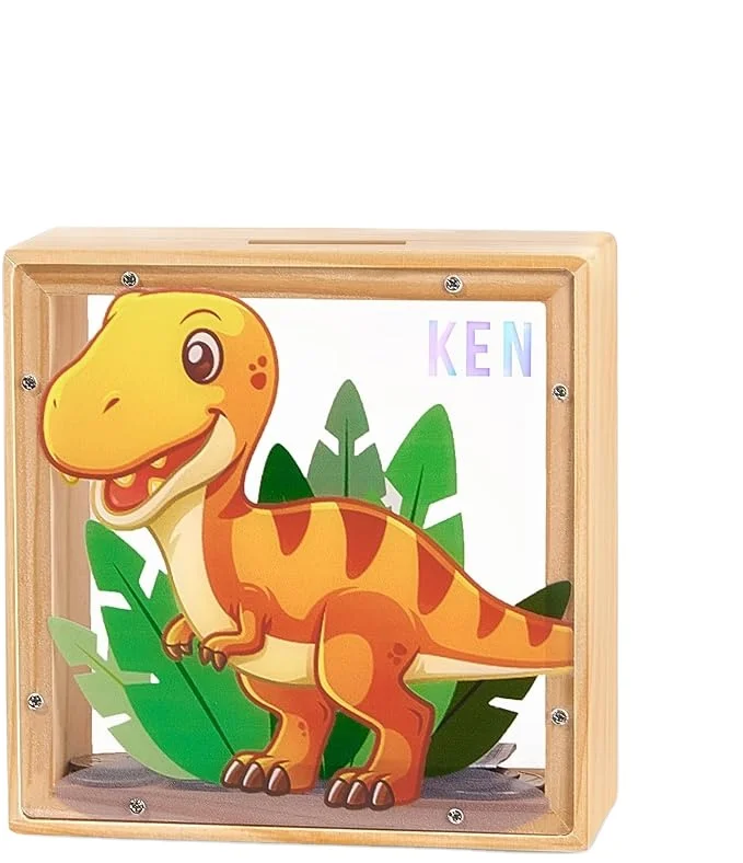 Custom cartoon home bedroom desktop decoration wooden letter piggy bank adult piggy bank ornaments wooden money boxes dinosaur
