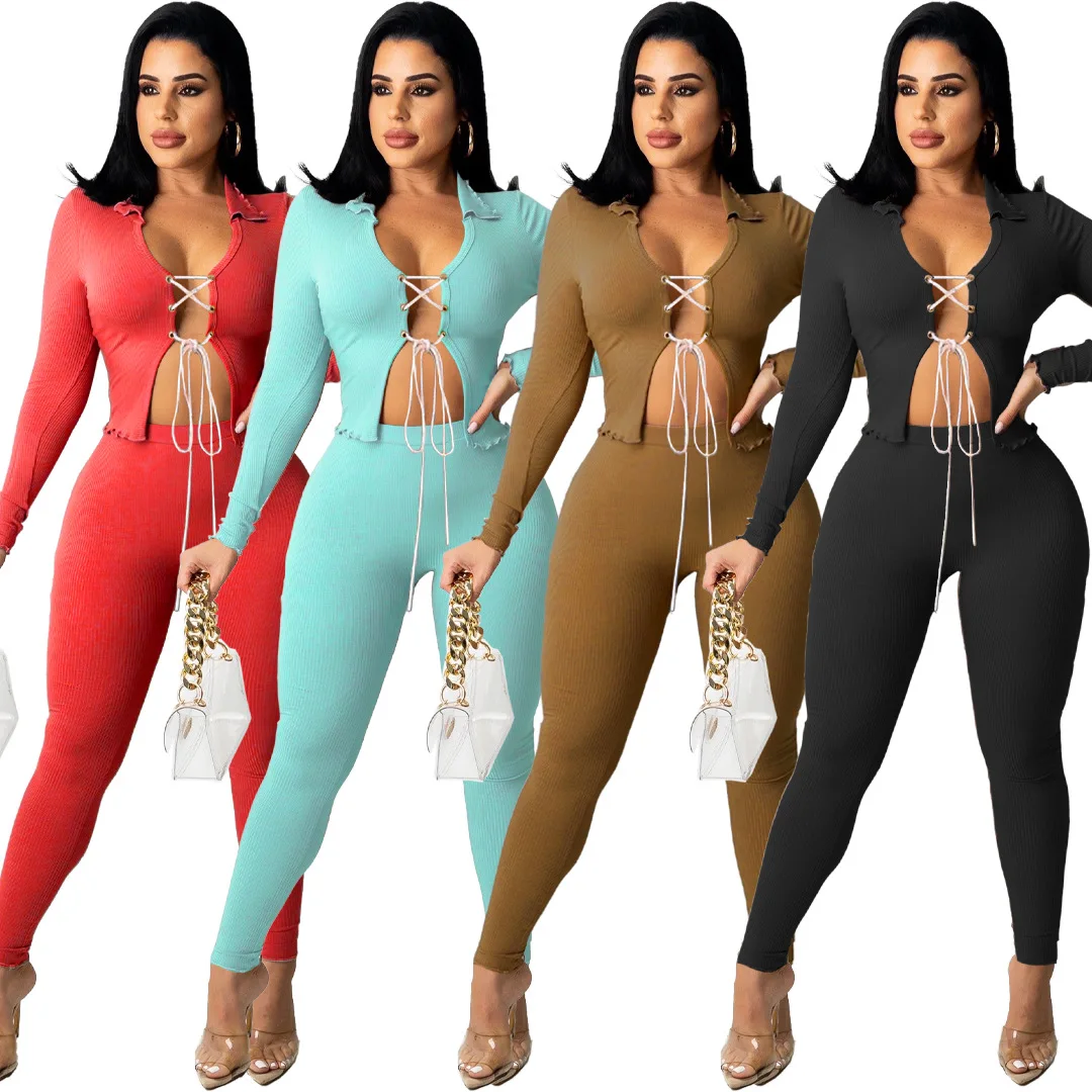 Fall 2021 Sports Leisure Long Sleeve 2 Piece Set Solid color Sexy Ladies Suit Women Bandage Two Piece Pants
