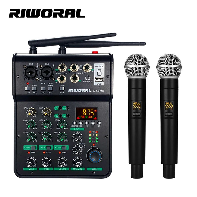 MA4-MIC 2 Wireless Mic Digital Audio DJ Mixer Karaoke Power Mixer with Microphone for Stage