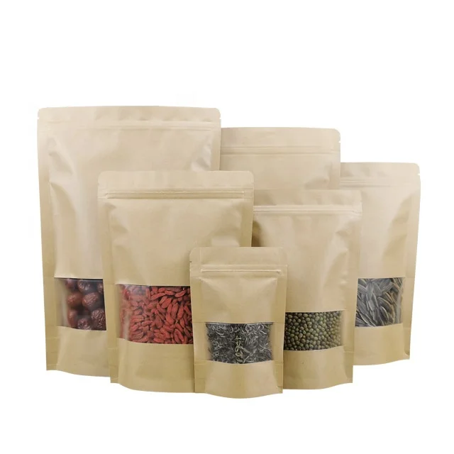 Wholesale Kraft Paper Standing Pouch Plastic Food Nuts Cashew Packaging Bag with Window and Zipper