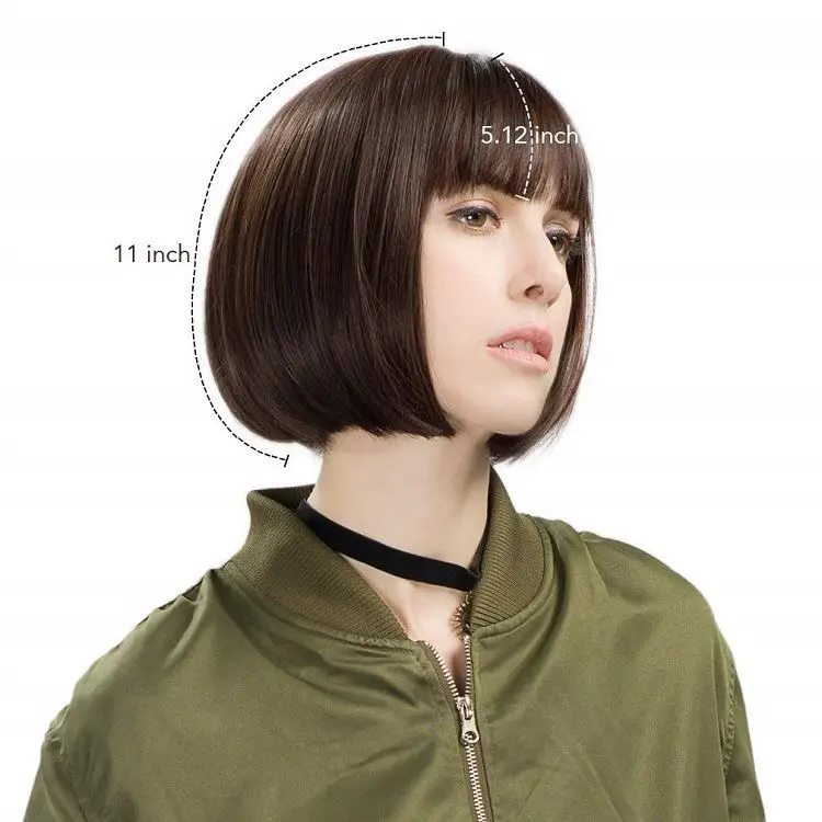 Fashion Style Bobo Head Mid-length Straight Hair with Bangs Fully Machined Women Wigs Synthetic Headgear