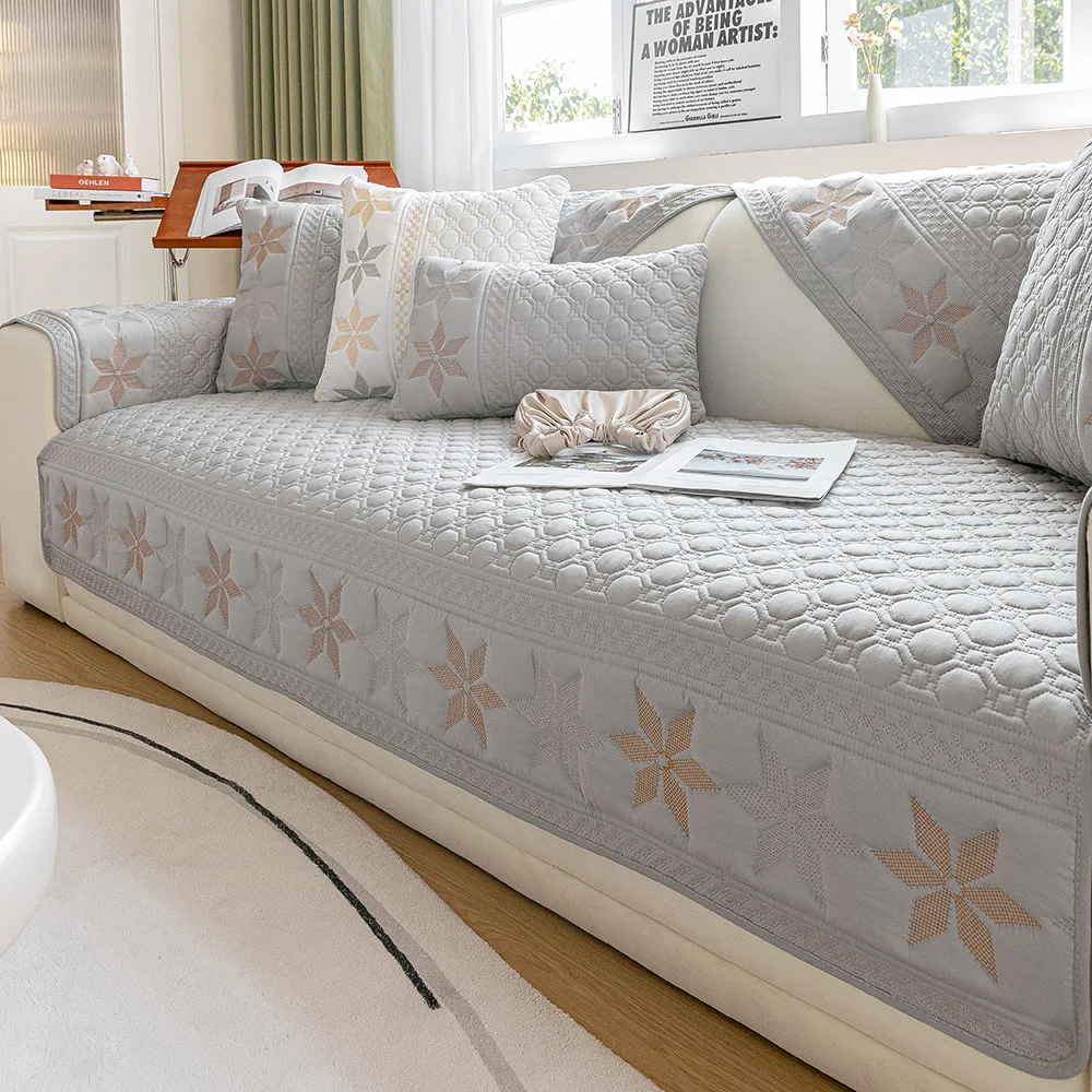 Simple Modern Nordic Four Seasons Embroidery Sofa Cushion Universal Non-Slip Cover Cloth Towel Solid Color Fabric Slipcovers