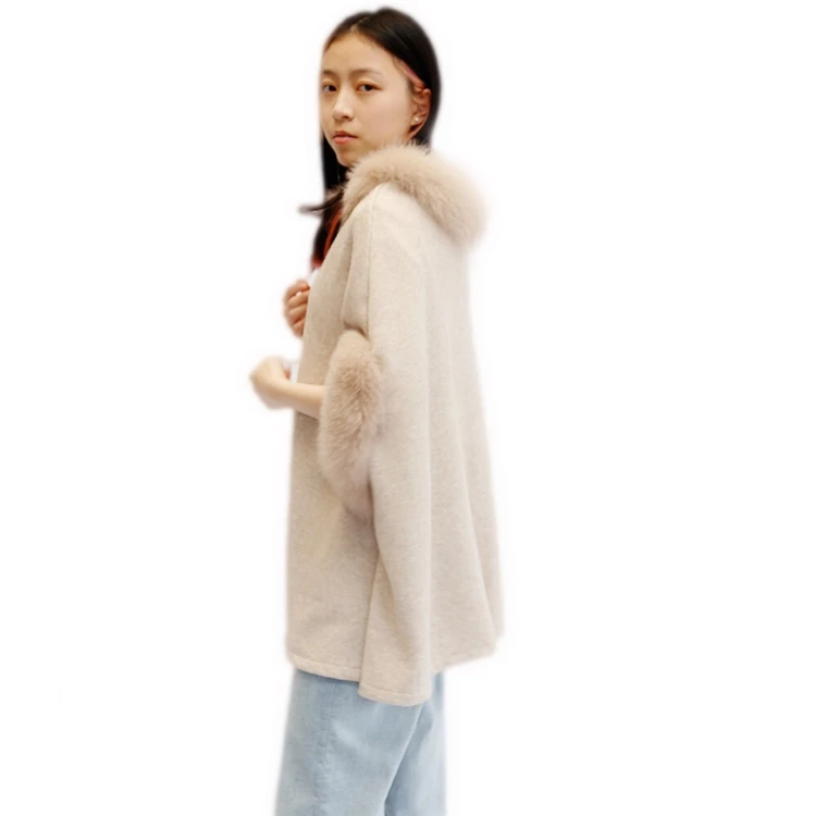 Wholesale Winter Casual Style Plain Raccoon Fur Trim Acrylic Knit Pattern Long Poncho For Women