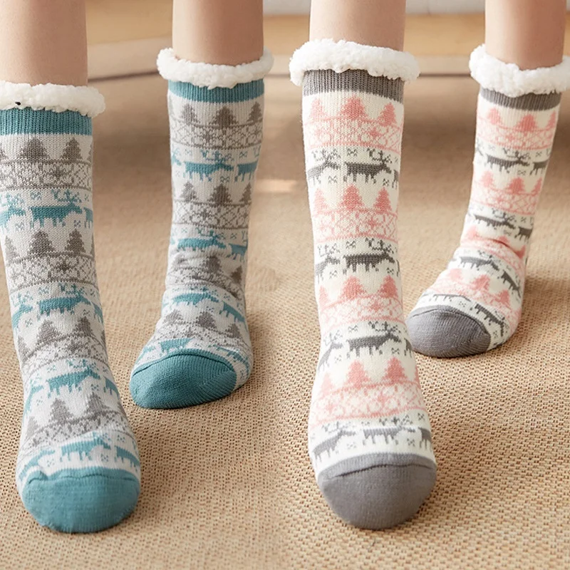 Wholesale Winter Warm Fur Lined Home Floor Socks With Grips Non Slip Women Christmas Slipper Socks