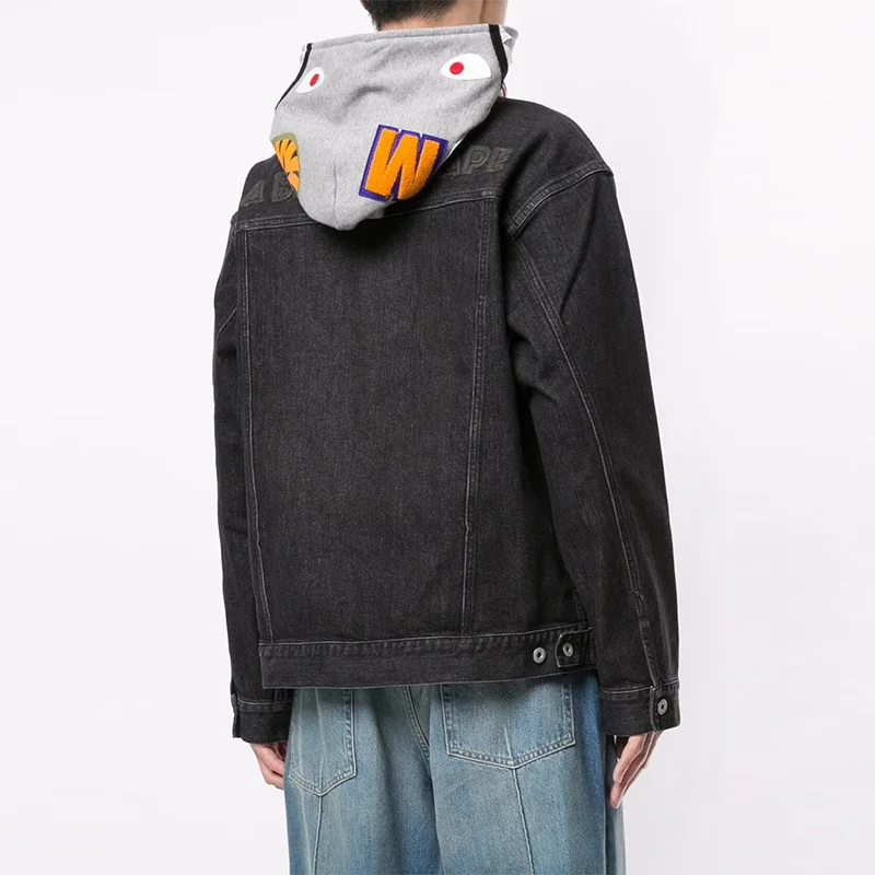 2022 Winter New Design Black Cotton Embroidered Shark Camouflage Pattern  Layered Denim Jacket For Men