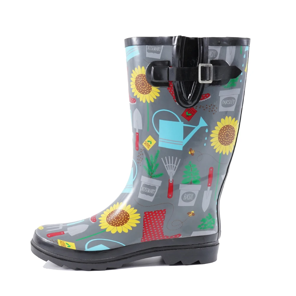 Popular Glossy Art Print Rustic High Tube Waterproof Rain Shoes For Women Rain Boots